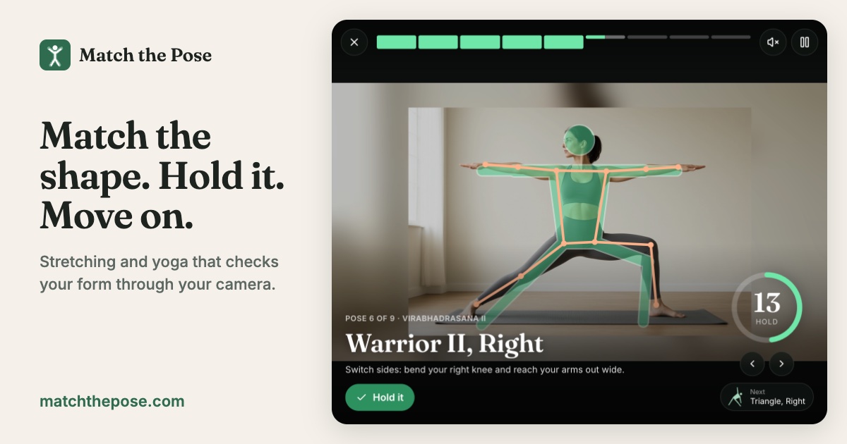 A person in Warrior II pose lined up inside a green outline, with a hold timer counting down